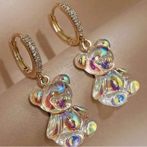 Adorable Gummy TEDDY BEAR Rhinestone Gold Iridescent Dangle Earrings - New